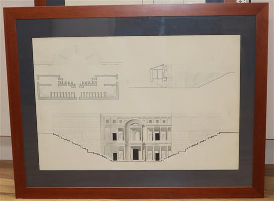 A set of fourteen architectural studies in ink, pencil and wash, probably early 20th century, in matching hardwood frames, 67 x 47cm